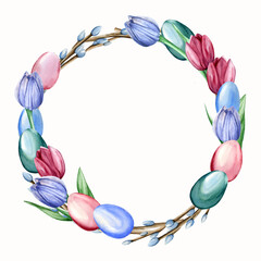 Watercolor hand painted wreath with colorful Easter eggs, tulips and willow branches. Easter round frame isolated on white background is perfect for design of greeting cards, posters or invitations.