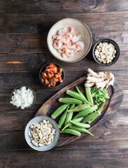 Caruru Ingredientes, traditional Afro-Brazilian dish made with okra and dried shrimp, tomatoes., cashews and peanuts
