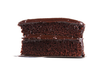 Piece of chocolate cake isolated on white.