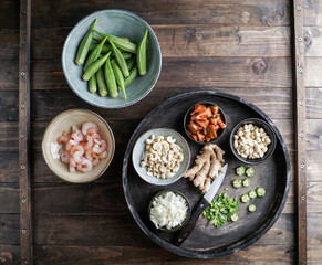 Caruru Ingredientes, traditional Afro-Brazilian dish made with okra and dried shrimp, tomatoes., cashews and peanuts