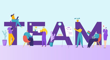 Team work tiny people, inscription with big font, successful business concept, design cartoon style vector illustration. Group people in office, social experiment, business management proces.