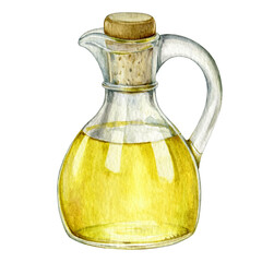 Olive oil in glass bottle illustration. Natural fresh organic yellow vegetable oil realistic watercolor image. Glass jar with pure olive product inside close up element. Pure vegan seasoning.