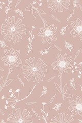 Beautiful beige background with white plants and flowers in line art style. Floral eco-friendly pattern for design, packaging paper, labels, postcards.
