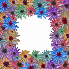 Fototapeta na wymiar A picture of a star-shaped flower of various colors arranged together. There is a white gap in the middle For writing message