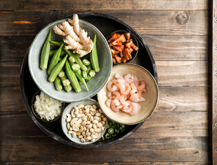 Caruru Ingredientes, traditional Afro-Brazilian dish made with okra and dried shrimp, tomatoes., cashews and peanuts