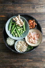 Caruru Ingredientes, traditional Afro-Brazilian dish made with okra and dried shrimp, tomatoes., cashews and peanuts