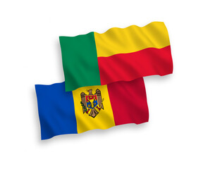 Fototapeta premium National vector fabric wave flags of Moldova and Benin isolated on white background. 1 to 2 proportion.