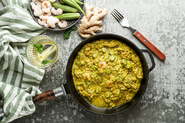 Caruru, traditional Afro-Brazilian dish made with okra and dried shrimp, tomatoes., cashews and peanuts