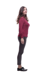 side view. casual young woman looking at a white screen