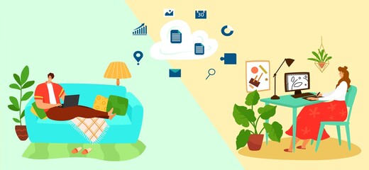 Work at home with cloudy environment, successful home business, woman designer at computer, cartoon style vector illustration. Online office, man in quarantine works at laptop, young freelancer.