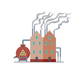 Naklejka premium Factori or power plant flat design of illustration. Manufactory industrial building refinery factory or Nuclear Power Station. Building big of plant or factory with pipe smoke