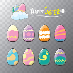 Set of color hand drawn Easter eggs with different texture isolated on transparent background.Spring holiday. Vector Illustration.Happy easter eggs