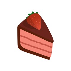 Isolated icon, piece of chocolate cake with Strawberry, and pink cream. Vector cartoon illustration