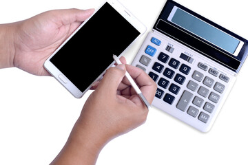 Hand using modern mobile phone with calculator