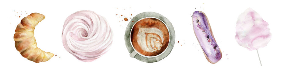 Watercolor Desserts isolated on white background. Croissant, meringue, coffee cup, eclair and cotton candy. Food illustration for a cafe menu. 
