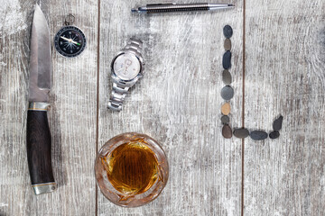 Men's items and accessories : knife, whiskey glass, stylish pen, watch and compass