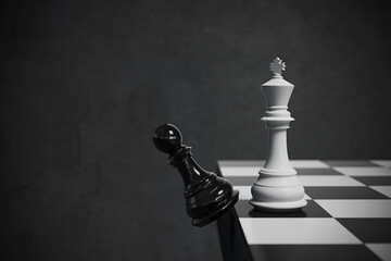 black pawn defeats white king at chess, Chess board game concept of business strategy idea - obrazy, fototapety, plakaty