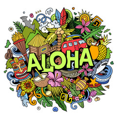 Aloha hand drawn cartoon doodle illustration. Funny Hawaiian design © balabolka