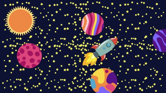 Cartoon Space. Cartoon rocket flies in outer space past the suspended planets, satellites and other objects. Flat loopback animation.