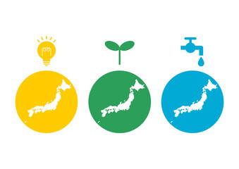 エコロジーのイラスト: 電力・緑化・水源と日本地図