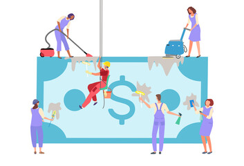 Dirty money concept, foreign currency, financial crime, business cash, banknote laundering, cartoon style vector illustration. Illegal finance, securities fraud, criminal wealth, banking corruption.