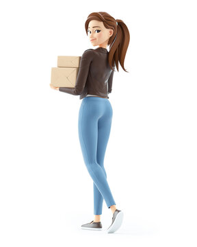 3d cartoon woman walking and carrying packages