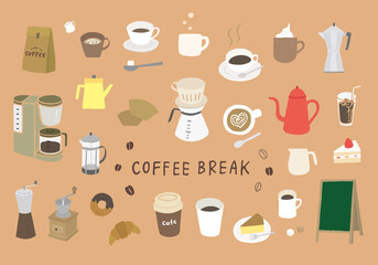 コーヒーやコーヒーグッズにまつわる手描きイラストセット