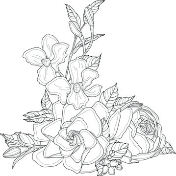 Realistic gardenia, iris and peony flower bouquet with leafs sketch template. Corner frame vector illustration in black and white for game, background, pattern, decor. Coloring paper, page, story book