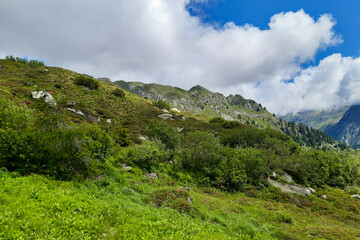 Fototapeta premium Bellissimo panorama dal sentiero che porta al rifugio segantini nella val Nambrone in Trentino, viaggi e paesaggi in Italia
