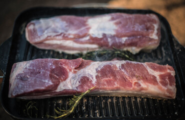 Barbecue pork belly prepared on an iron plate