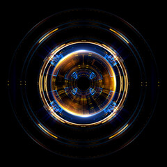 Vivid abstract background. Beautiful design of rotation frame.  .Mystical portal. Bright sphere lens. Rotating lines. Glow ring. .Magic neon ball. Led blurred swirl. Spiral glint lines. HUD