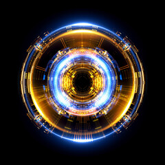 Vivid abstract background. Beautiful design of rotation frame.  Mystical portal. Bright sphere lens. Rotating lines. Glow ring. Magic neon ball. Led blurred swirl. Spiral glint lines. HUD