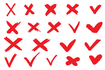 Set hand drawn red checkmark and cross appears. Illustration isolated on white background.
