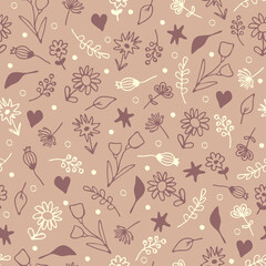 Seamless vector pattern with small hand drawn flowers on gentle beige background. Simple floral wallpaper texture. Decorative romantic flower sketch fashion textile.