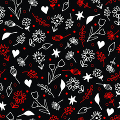 Seamless vector pattern with small hand drawn flowers on black background. Simple floral wallpaper design. Decorative vintage fashion textile.