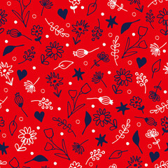 Seamless vector pattern with small flowers on red background. Simple vintage floral wallpaper design. Cute retro fashion textile.
