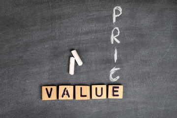 Value and Price concept. Wooden alphabet letters on a gray chalk board