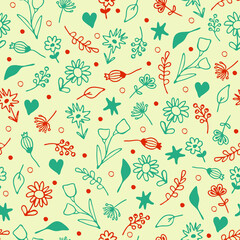 Seamless vector pattern with small hand drawn flowers on white background. Simple retro floral wallpaper design. Decorative vintage fashion textile.