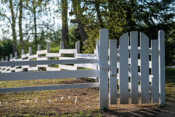 Beautiful countryside white cattle wooden fence and a farmhouse in the background. A farm gate. Grass and horses inside.