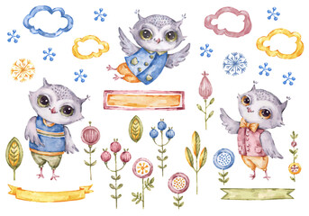 Cute vector watercolor owls boy and floral elements isolated on white background, childish style set. Handpainted watercolour filins, cartoon birds and flowers collection, aquarelle fantasy character