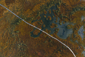 The Yelnya landscape reserve in the Vitebsk region of the Republic of Belarus is a fairly large-scale swamp. Eco trail, drone view