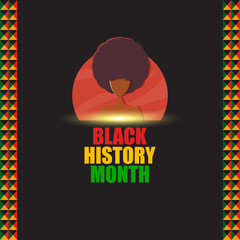 Vector black history month banner or poster with afro woman isolated on black background with African pattern