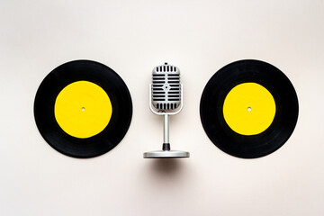 Vinyl records music background, top view