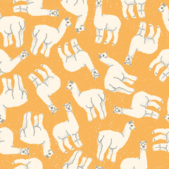 Vector seamless pattern of llama or alpaca on a yellow background. Hand drawn flat multicolor.
