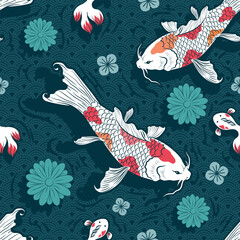 Seamless Art Japanese Repeat Pattern Swimming KOI Carp Fish and Little Fish Swim with Ripple, Flower and Sakura Floating on Shadow and Water Wave Pattern Background Template Design for Wrapping Paper