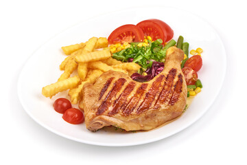 Grilled chicken legs with potato fries, bbq quarters, isolated on white background