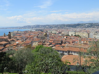 the Promenade des Anglais (left) and the old town from a view point in Nice, French Riviera, Cote d Azur, France, April