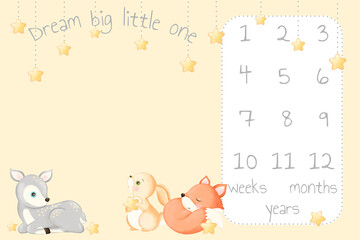design for baby newborn blanket milestone, stars and cute little animals, baby animals, deer hare rabbit fox