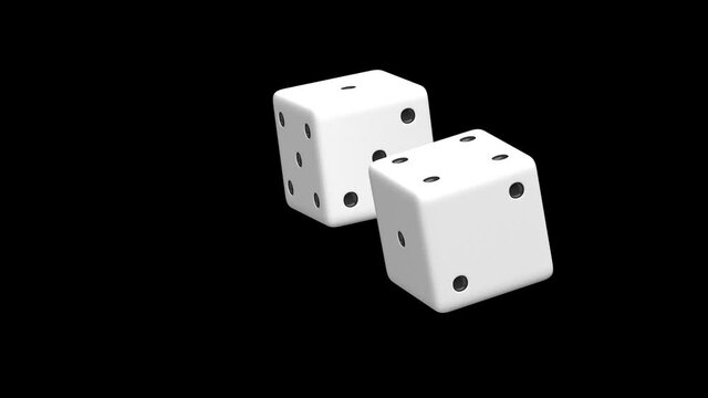 falling white dice on black background 3d animation