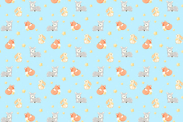 design for baby newborn blanket milestone, stars and cute little animals, baby animals, deer hare rabbit fox